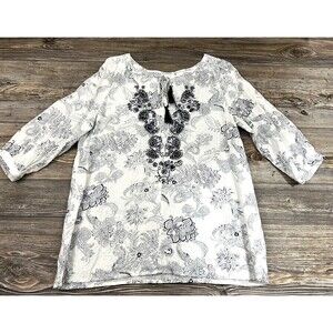 Malvin "I Love Linen" Blouse L White/Black Floral Paisley Embroidered Minimalist
